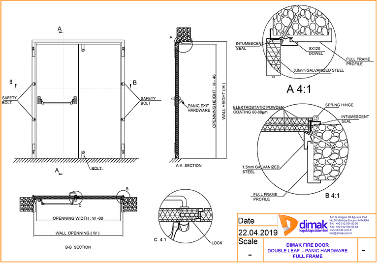 Dimak Fire Door Double Leaf Panic Bar Full Frame Drawing