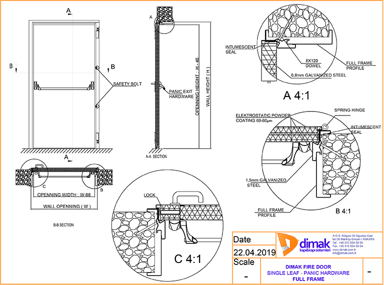 Dimak Fire Door Single Leaf Panic Bar Full Frame Drawing