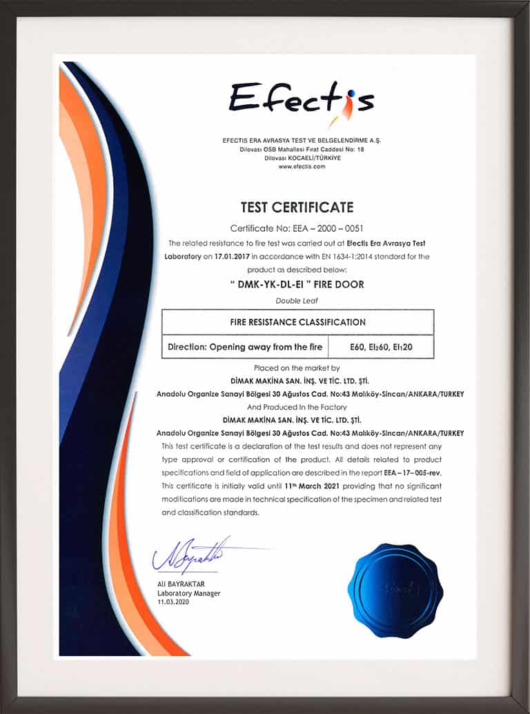 Double Leaf 60 Minutes Fire Resistance Certificate