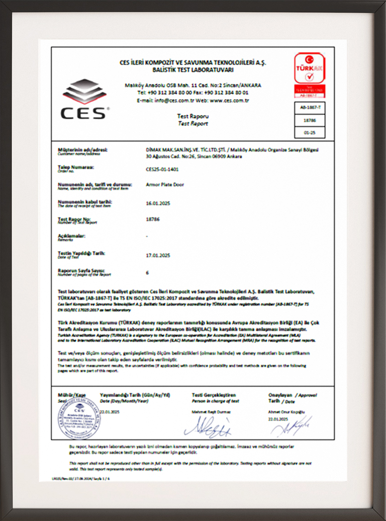 Dimak Kapı Kurşun Geçirmezlik Test Raporu